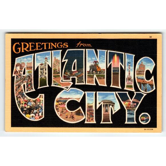 Greetings from Atlantic City NJ Large Letter Linen Postcard Boardwalk Vintage NJ - Picture 1 of 2